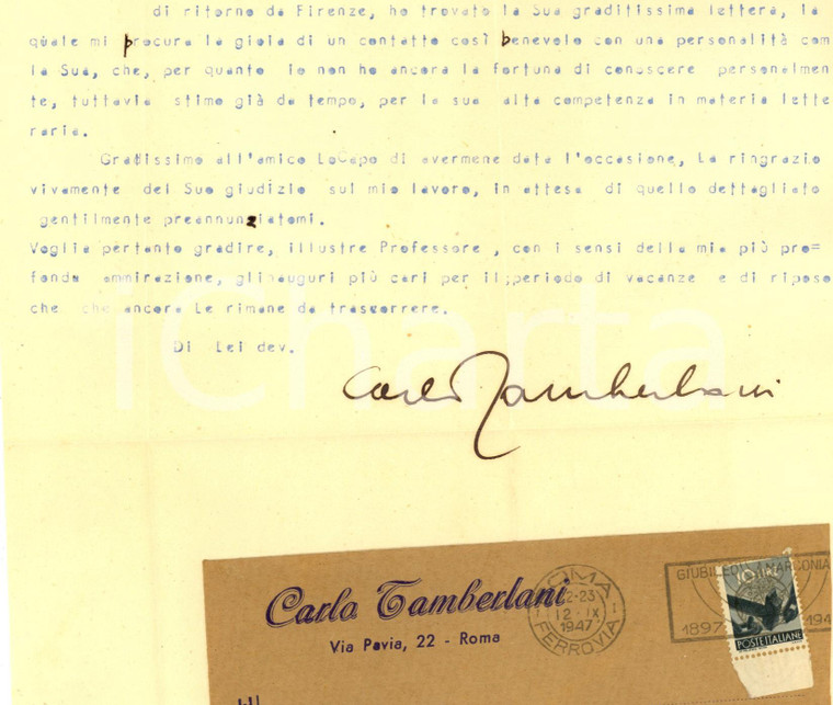 1947 ROMA Attore Carlo TAMBERLANI ringrazia per una recensione - Autografo