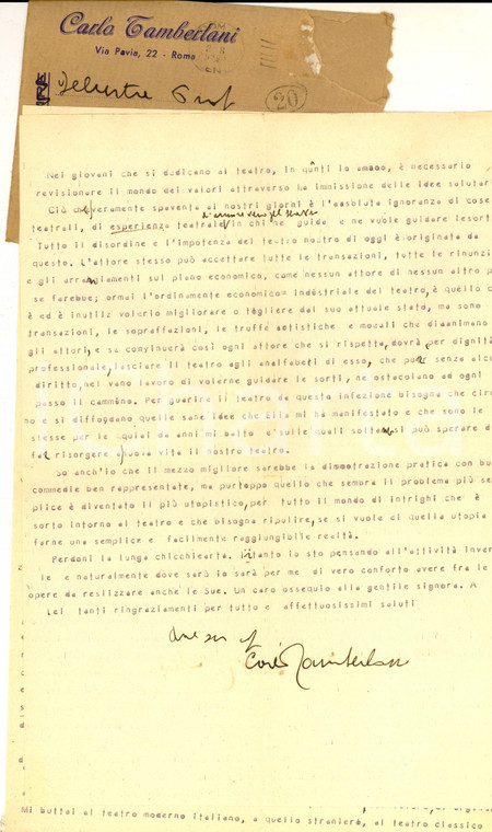 1948 ROMA Carlo TAMBERLANI "Il valore si conquista nel recitare" - Autografo