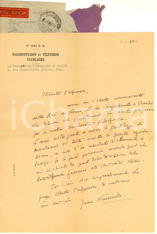 1950 ROMA Lettera Jean NEUVECELLE per lezione alla radio francese AUTOGRAFO
