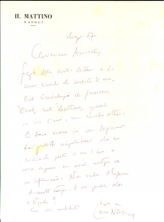 1967 NAPOLI IL MATTINO Lettera Carlo NAZZARO per ringraziamento - Autografo