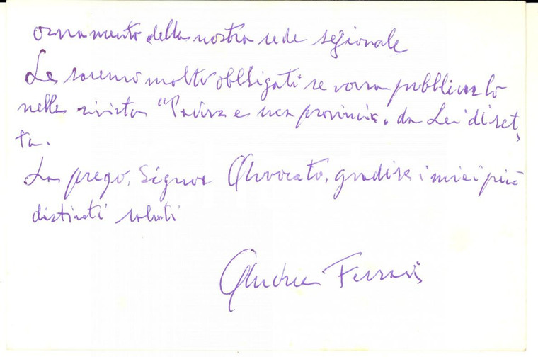 1976 CAMPOSAMPIERO Biglietto Andrea FERRARI su dono Ex Combattenti - Autografo