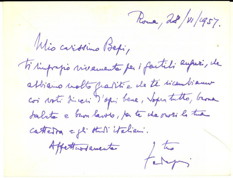 1957 ROMA Luigi FEDERZONI Biglietto di ringraziamento a uno studioso - AUTOGRAFO