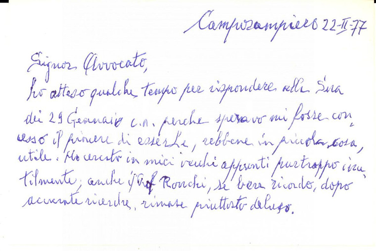 1977 CAMPOSAMPIERO Biglietto Andrea FERRARI con messaggio autografo