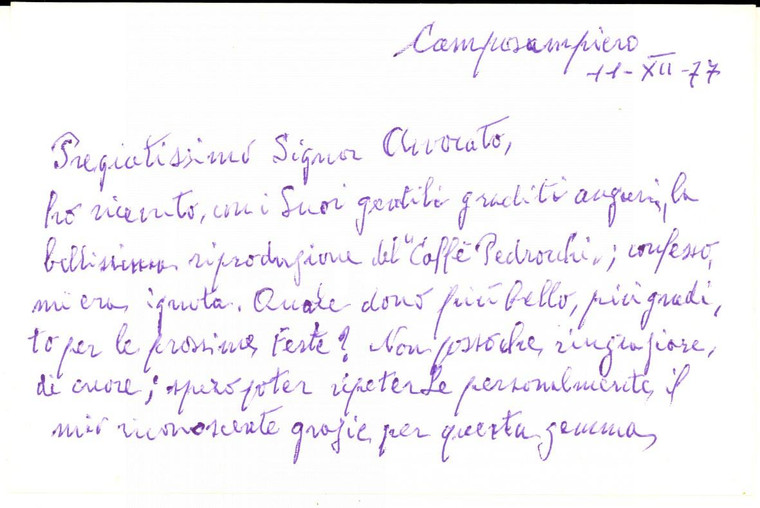 1977 CAMPOSAMPIERO Biglietto Andrea FERRARI ringraziamento - Autografo