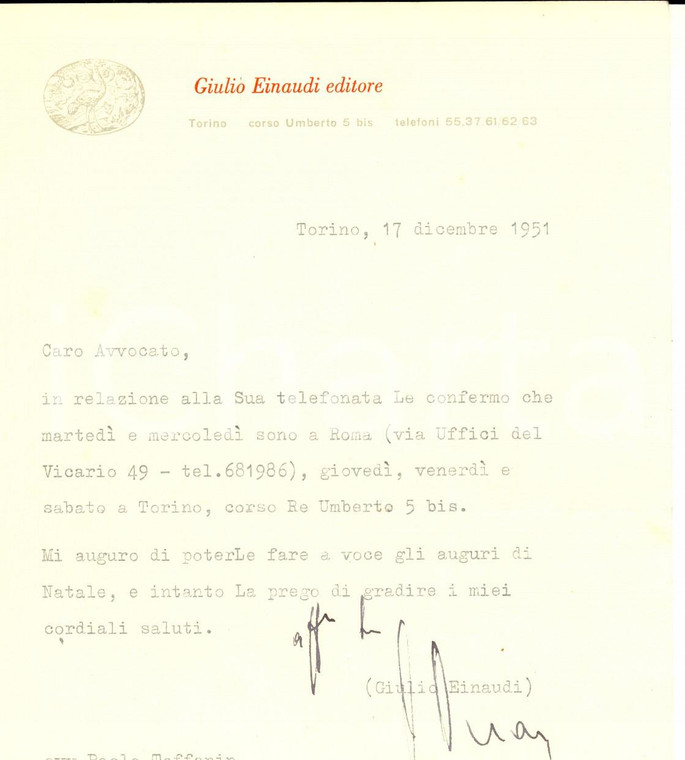 1951 TORINO Lettera Giulio EINAUDI a un avvocato per appuntamento - Autografo