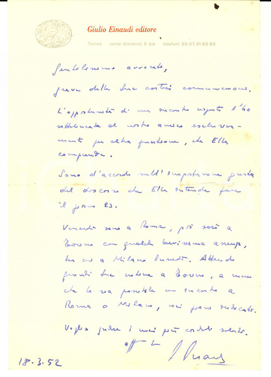 1952 TORINO Lettera Giulio EINAUDI per incontro con avvocato - Autografo