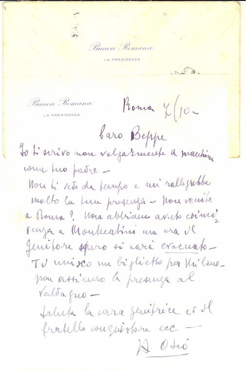 1954 ROMA BANCA ROMANA Lettera Arturo OSIO a un amico - Autografo