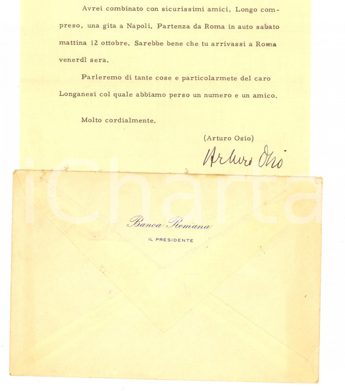 1957 ROMA BANCA ROMANA Lettera Arturo OSIO per gita a Napoli - Autografo