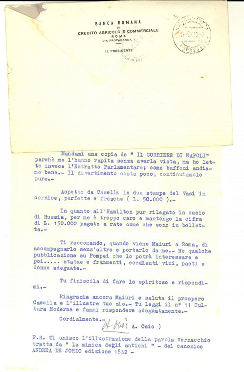 1953 ROMA BANCA ROMANA Lettera Arturo OSIO a un amico - Autografo