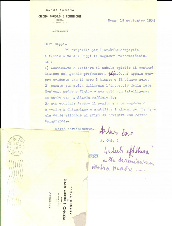 1952 ROMA BANCA ROMANA Lettera Arturo OSIO a un amico - Autografo