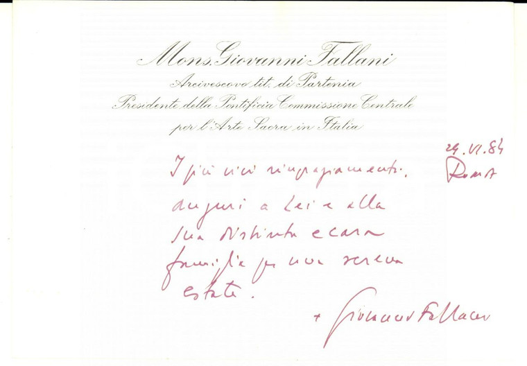 1984 ROMA Biglietto mons. Giovanni FALLANI per ringraziamento - Autografo