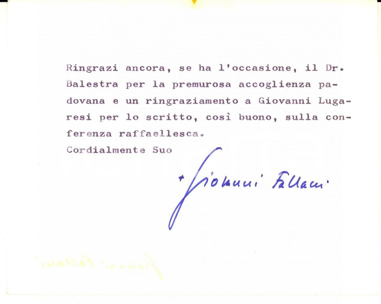 1978 ROMA Biglietto don Giovanni FALLANI per ringraziamento - Autografo