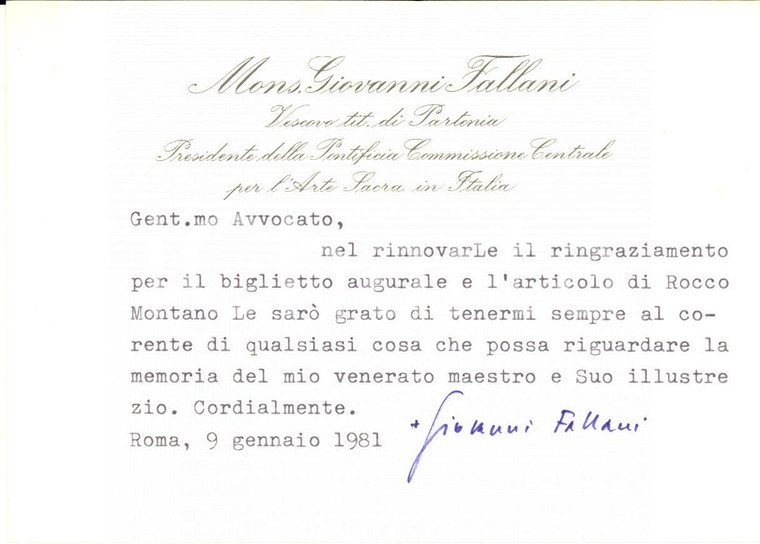 1981 ROMA Biglietto don Giovanni FALLANI per ringraziamento - Autografo