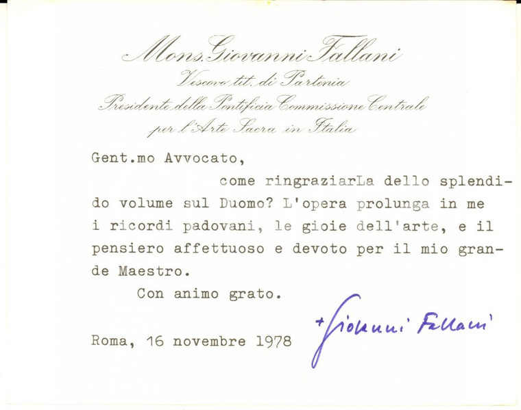 1978 ROMA Biglietto don Giovanni FALLANI per ringraziamento *Autografo