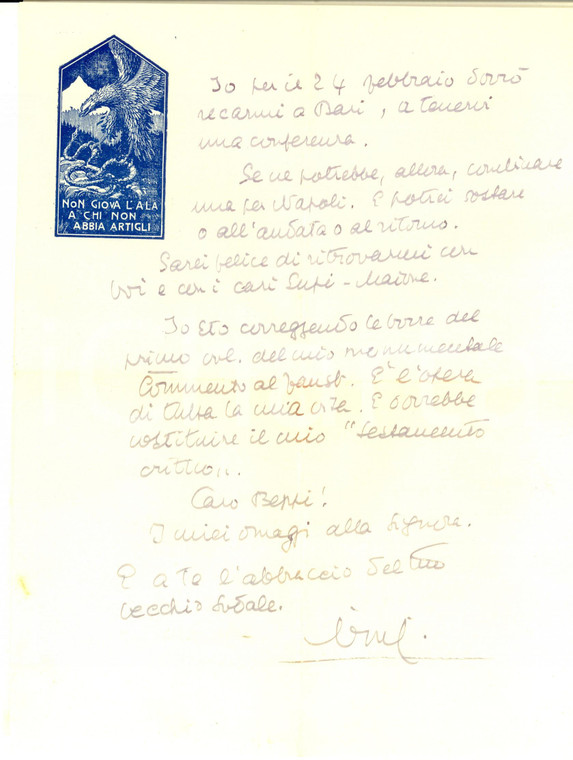 1950 MILANO Vincenzo ERRANTE e l'opera sul "Faust" come testamento - Autografo