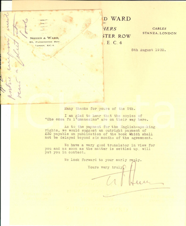 1930 LONDON SHEED and WARD - Lettera Tom BURNS per copie volume - Autografo