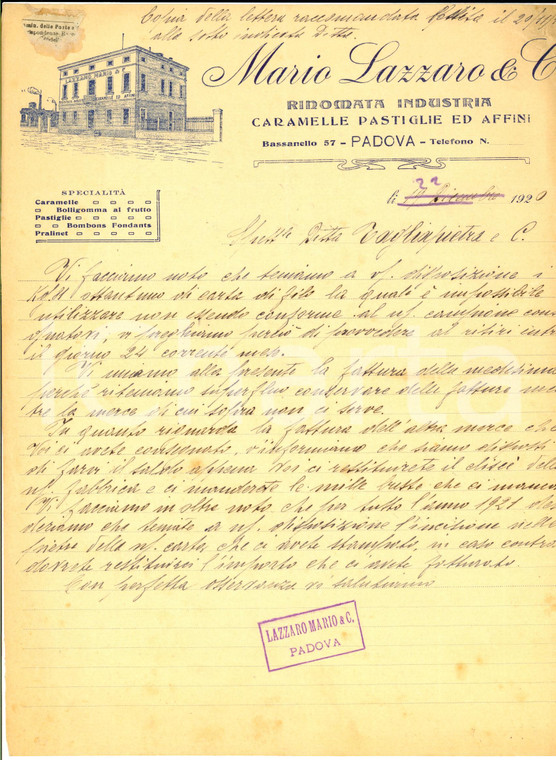 1920 PADOVA Mario LAZZARO - Caramelle e pastiglie - Lettera su carta intestata