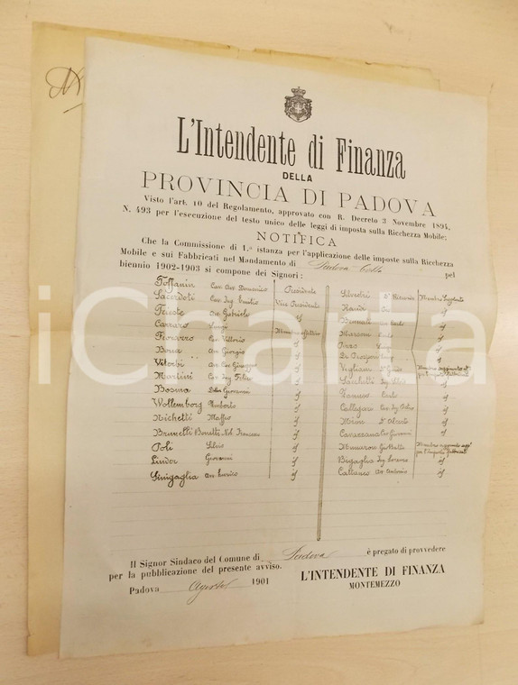 1901 PADOVA FINANZA Nuova commissione per imposte sulla ricchezza - Notifica