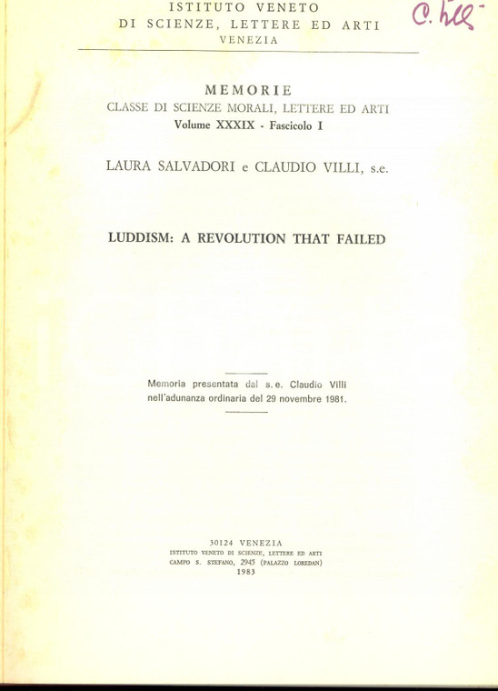 1983 Laura SALVADORI Claudio VILLI Luddism: a revolution that failed - AUTOGRAFO