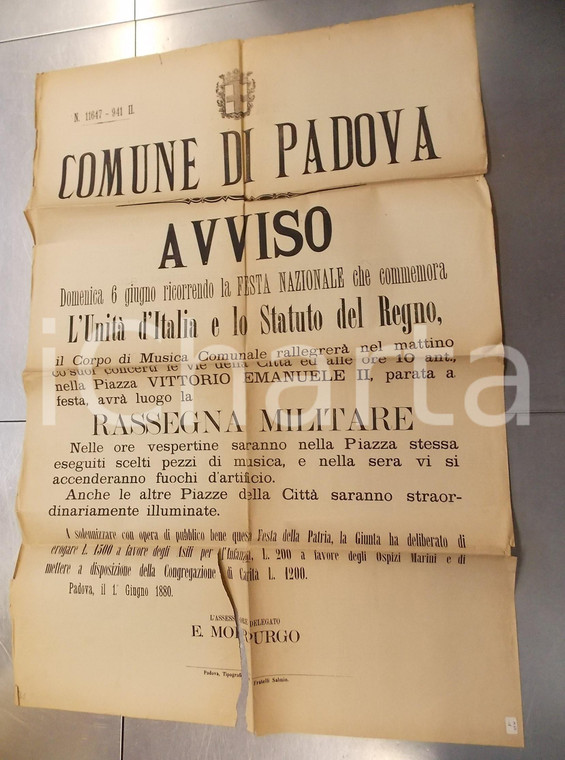 1880 PADOVA Festa Unità d'Italia - Rassegna militare *Manifesto DANNEGGIATO