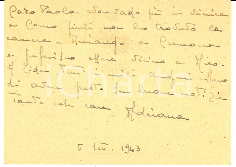 1943 CREMONA Adriana MOLA FARINACCI - Cartolina postale a un amico - Autografo