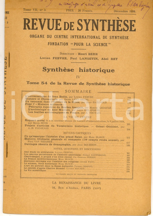 1934 Paul VAN TIEGHEM Histoire générale et comparée (compte rendu) AUTOGRAFO