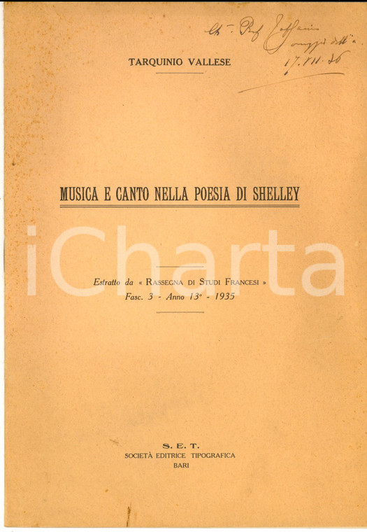 1935 Tarquinio VALLESE Musica e canto nella poesia di Shelley - AUTOGRAFO 10 pp.