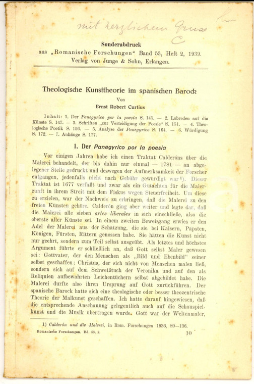 1939 E. R. CURTIUS Theologische Kunsttheorie im spanischen Barock - AUTOGRAFO