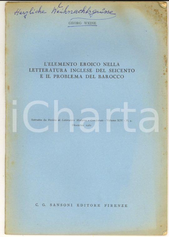 1961 Georg WEISE L'elemento eroico nella letteratura inglese - Invio AUTOGRAFO
