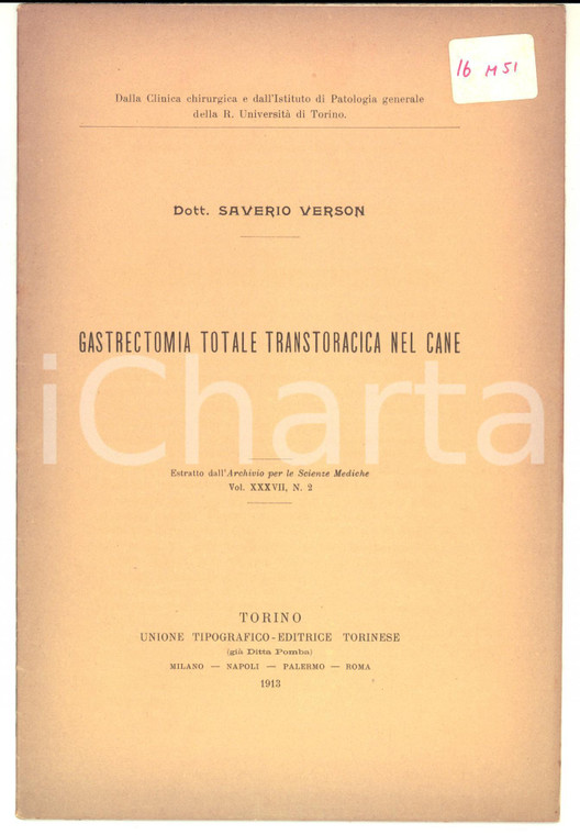 1913 Saverio VERSON Gastrectomia totale transtoracica nel cane - 16 pp.