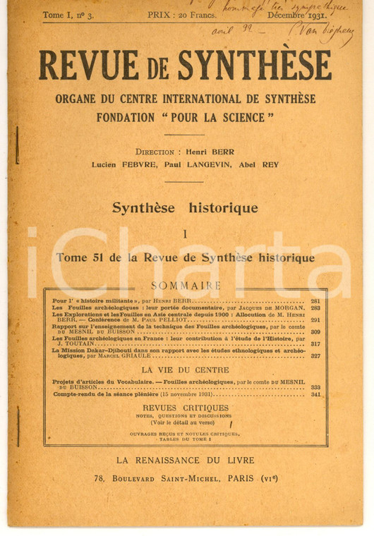 1931 Paul VAN TIEGHEM Histoire générale et comparée (compte rendu) AUTOGRAFO