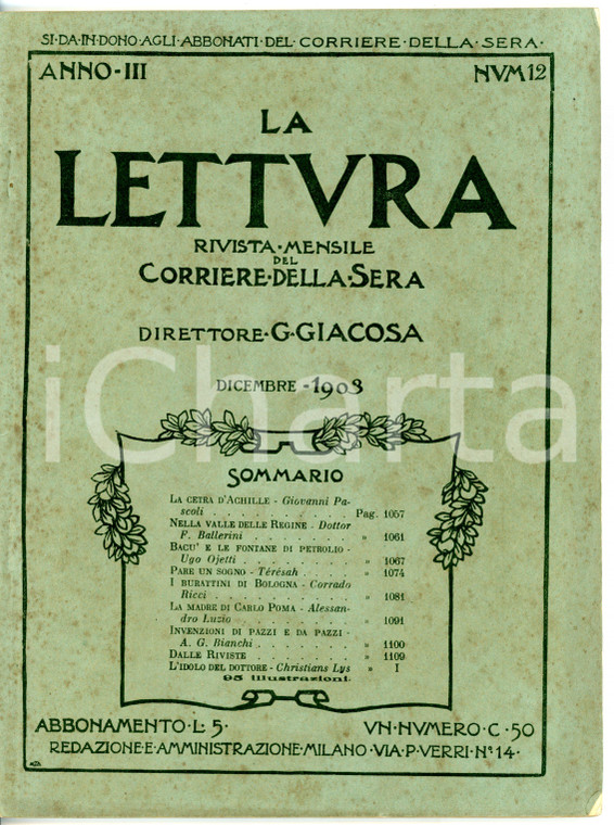 1903 LA LETTURA Giovanni PASCOLI La cetra d'ACHILLE - ILLUSTRATA Anno III n°12