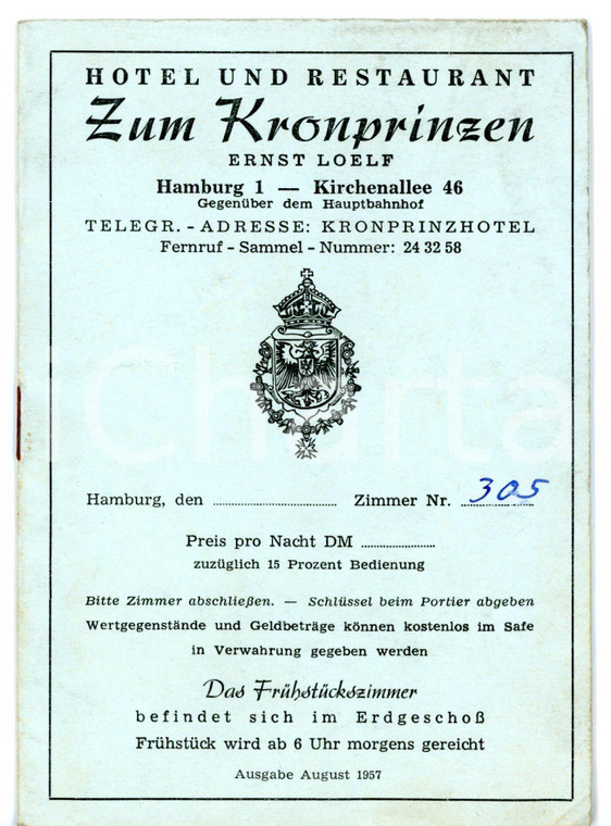 1957 HAMBURG Hotel ZUM KRONPRINZEN - Libretto turistico con mappa VINTAGE 10x15