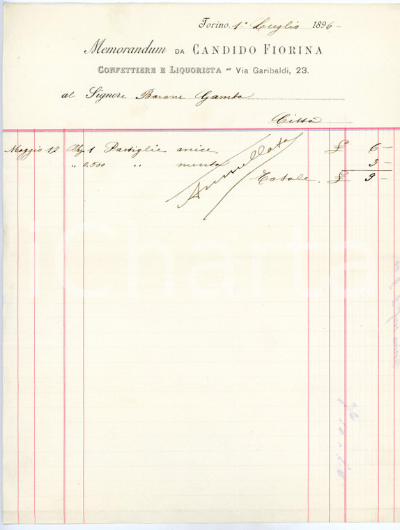 1896 TORINO Via Garibaldi - Candido FIORINA Confettiere liquorista *Memorandum 
