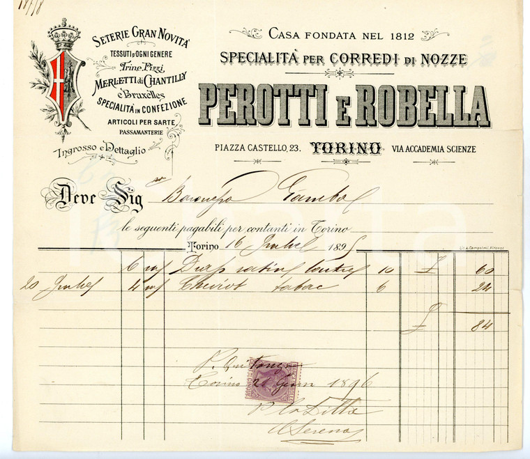 1896 TORINO Piazza Castello - PEROTTI & ROBELLA Corredi nozze *Fattura intestata