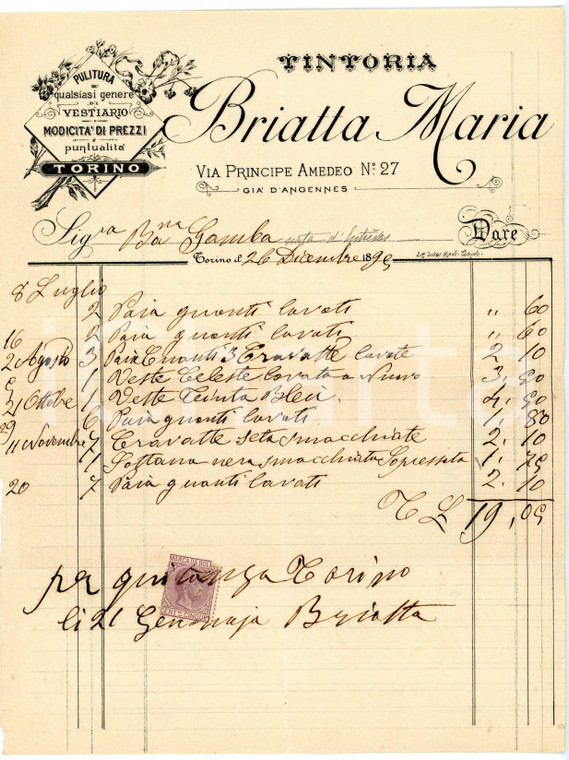 1895 TORINO Via Principe Amedeo - Tintoria Maria BRIATTA *Fattura intestata