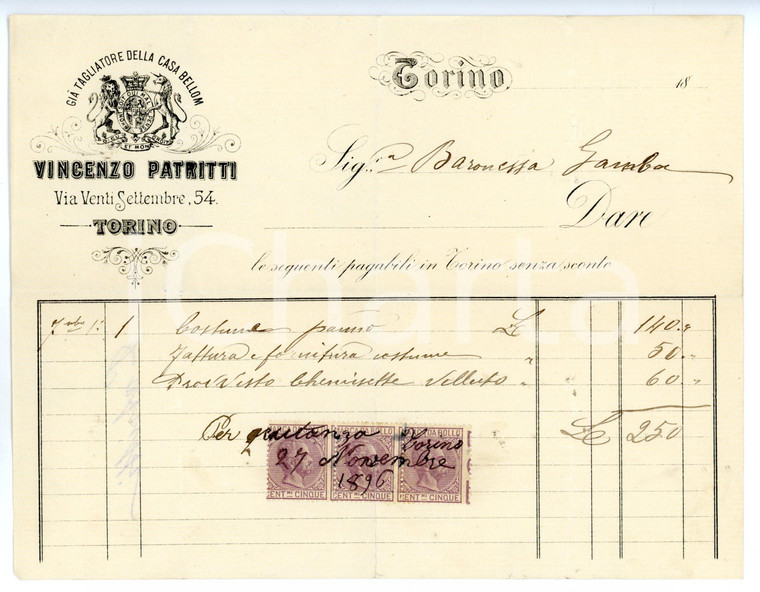 1896 TORINO Via XX Settembre - Sarto Vincenzo PATRITTI *Fattura intestata 