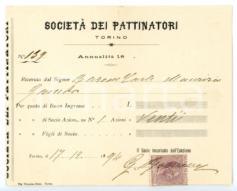 1894 TORINO Società dei Pattinatori - Carlo GAMBA *Ricevuta per quota di socio