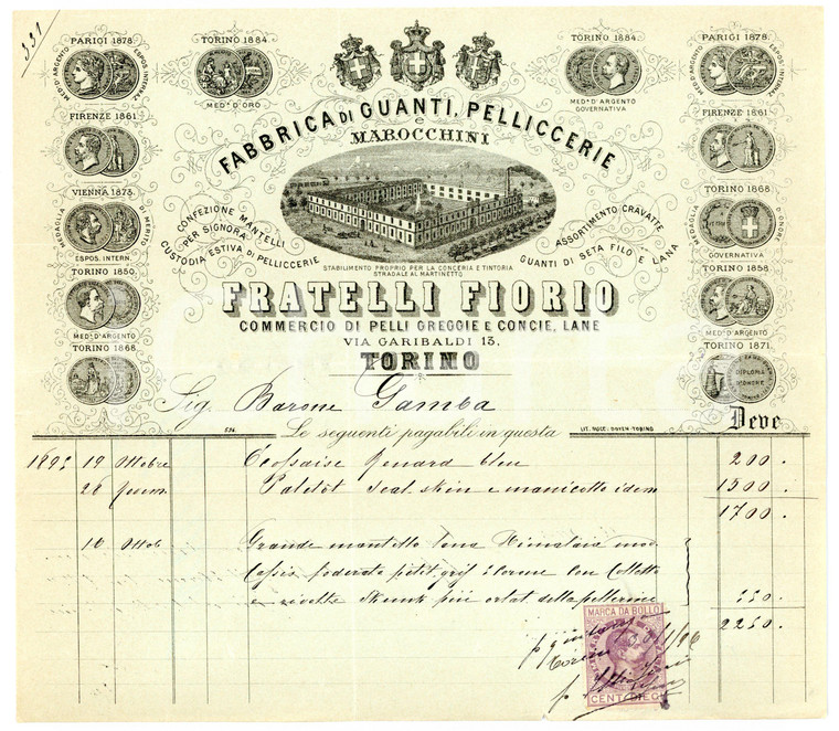 1896 TORINO Via Garibaldi - F.lli FIORIO Fabbrica di guanti *Fattura intestata