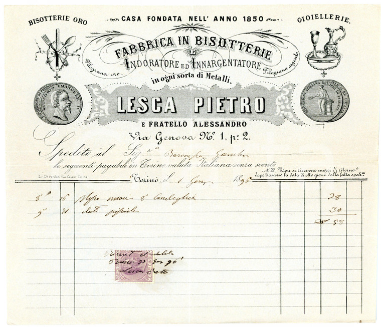 1896 TORINO Via Genova - Pietro LESCA Fabbrica di bigiotterie *Fattura intestata