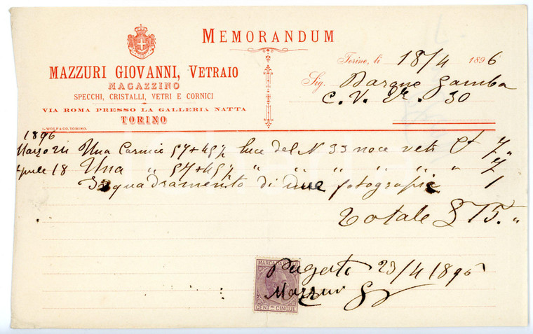 1896 TORINO Galleria Natta - Giovanni MAZZURI Vetraio *Memorandum