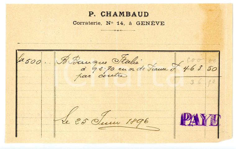1896 GENEVE Rue de la Corraterie - P. CHAMBAUD - Fattura su carta intestata