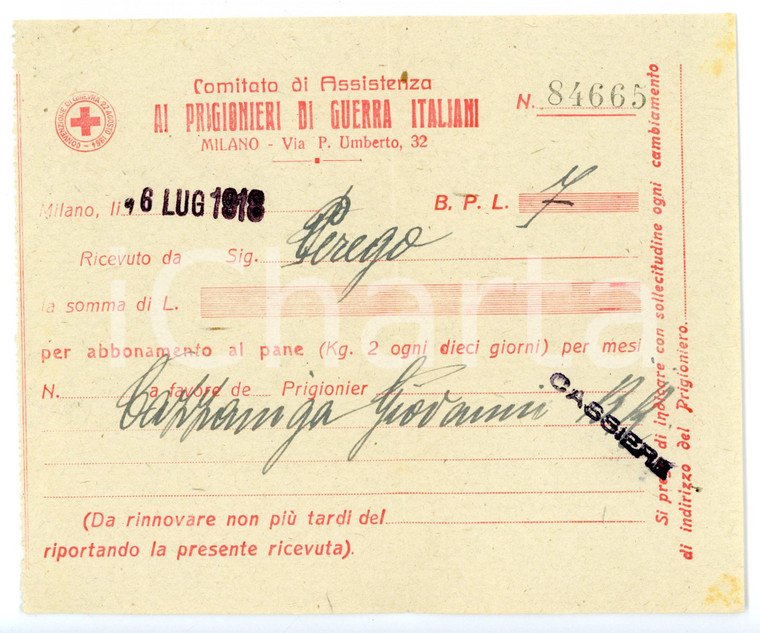 1918 MILANO Comitato Prigionieri di Guerra Italiani - Abbonamento al pane (2)