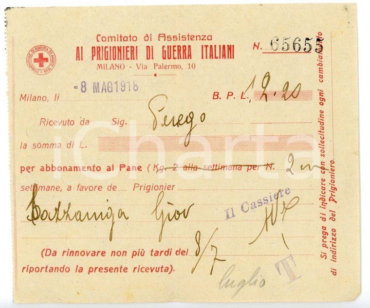 1918 MILANO Comitato Prigionieri di Guerra Italiani - Abbonamento al pane (4)
