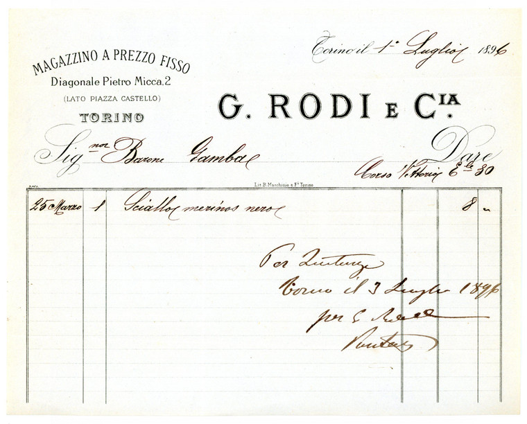 1896 TORINO Via Pietro Micca - G. RODI Sartoria *Fattura su carta intestata