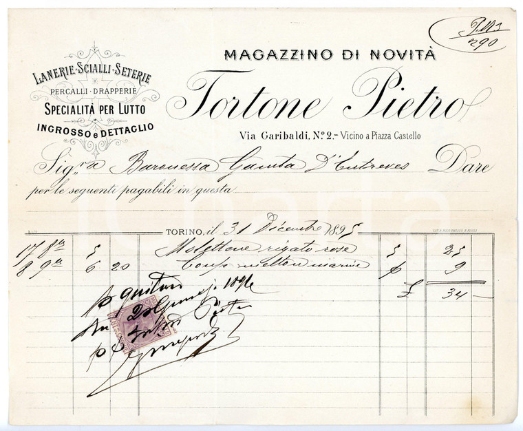 1895 TORINO Via Garibaldi - Filati Pietro TORTONE *Fattura su carta intestata