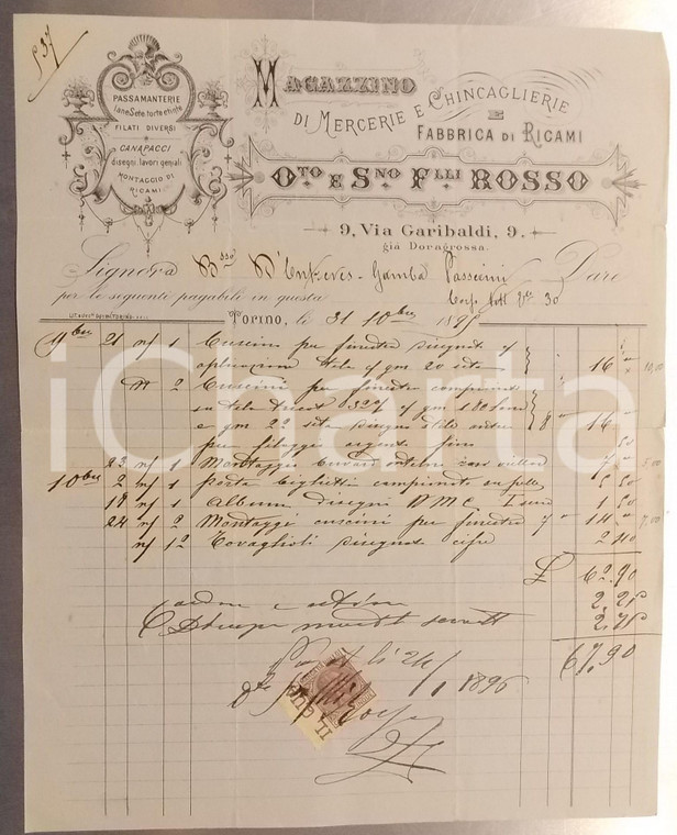1896 TORINO Via Garibaldi - F.lli ROSSO Fabbrica di ricami *Fattura intestata