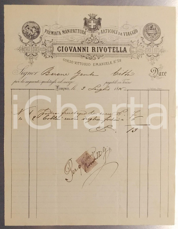 1896 TORINO Giovanni RIVOLTELLA Articoli da viaggio *Fattura intestata con marca