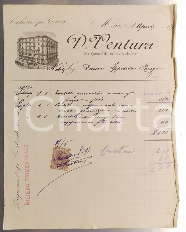 1893 MILANO Corso Vittorio Emanule - D. VENTURA Confezioni per signora *Fattura