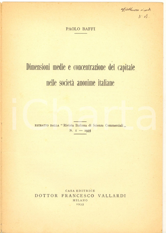 1935 Paolo BAFFI Il capitale nelle società anonime italiane - Invio AUTOGRAFO